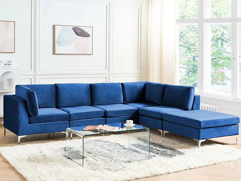 Canapé d'angle modulable 5 places EVJA Velours Bleu marine avec ottoman Côté droite