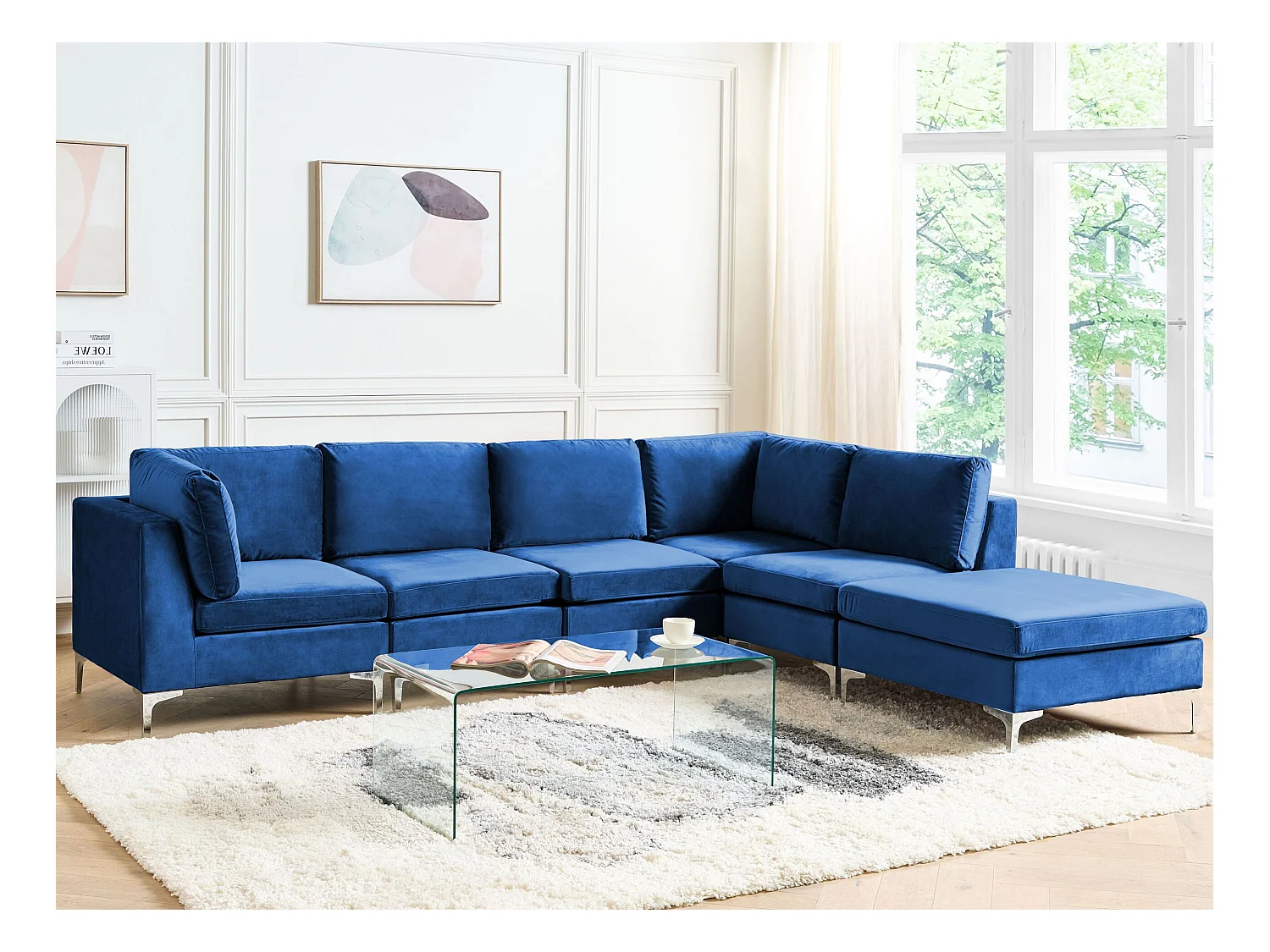 Canapé d'angle modulable 5 places EVJA Velours Bleu marine avec ottoman Côté droite
