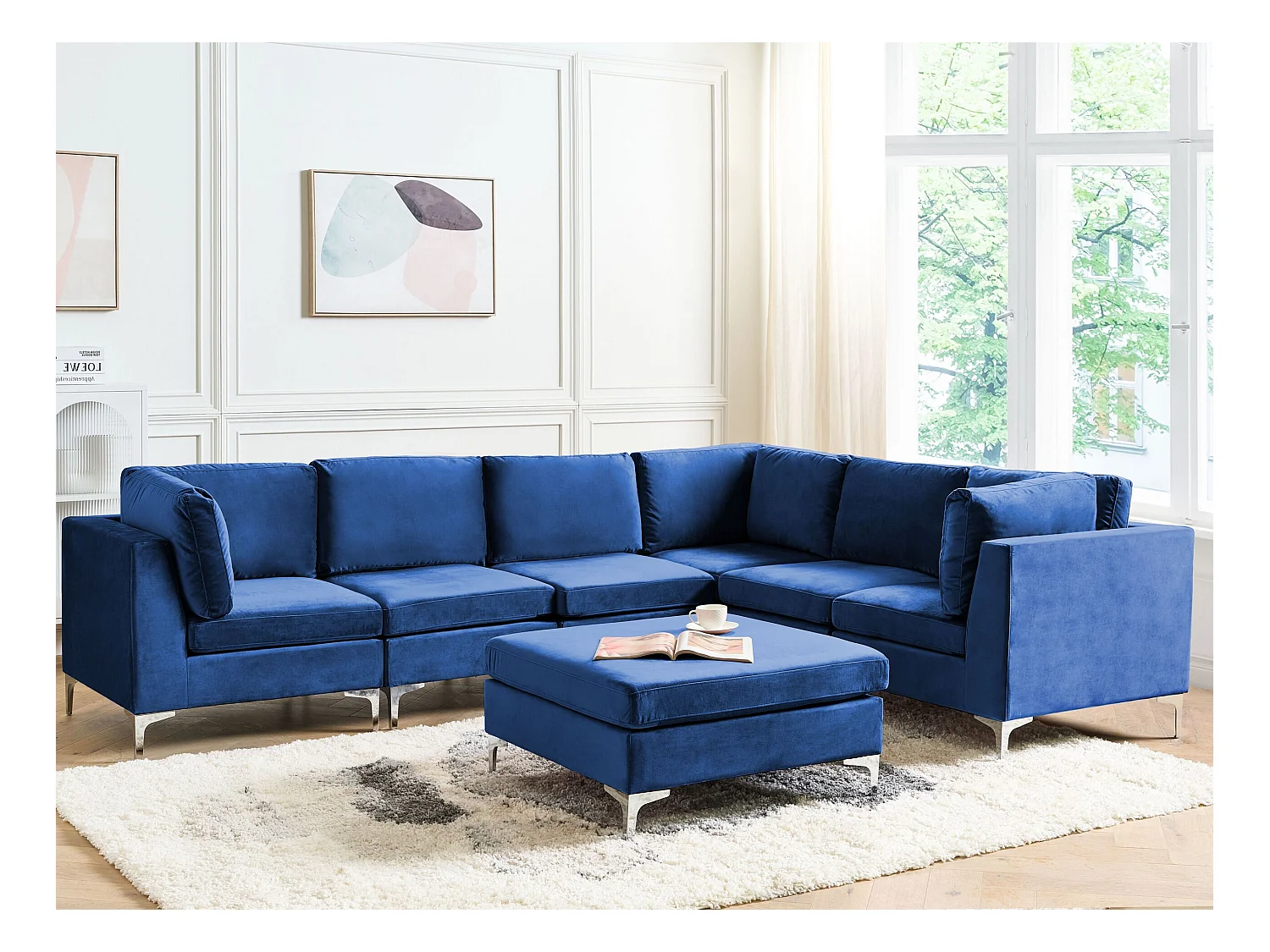 Canapé d'angle modulable 6 places EVJA Velours Bleu marine avec ottoman Côté droite