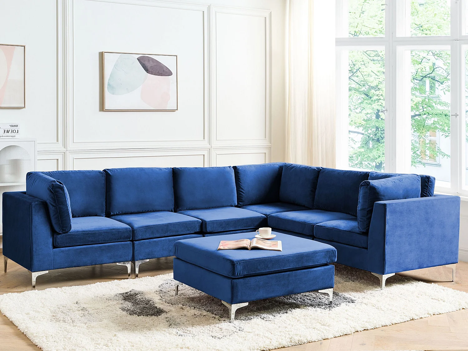 Modul Ecksofa EVJA Samtstoff Marineblau mit Ottomane 6-Sitzer linksseitig
