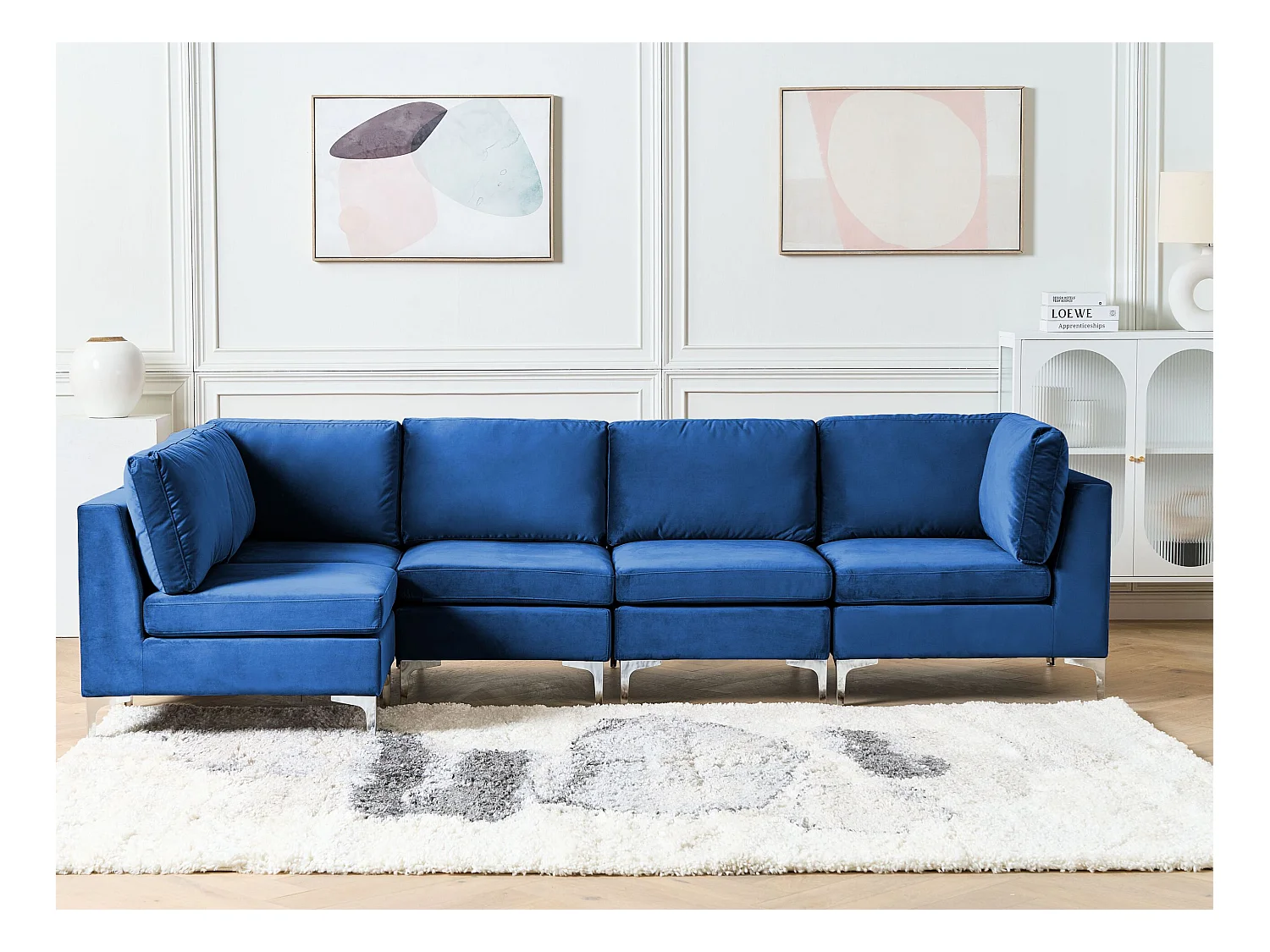 Canapé Modulable Droit Bleu Marine et Argenté en Velours 5 Places Glamour Evja