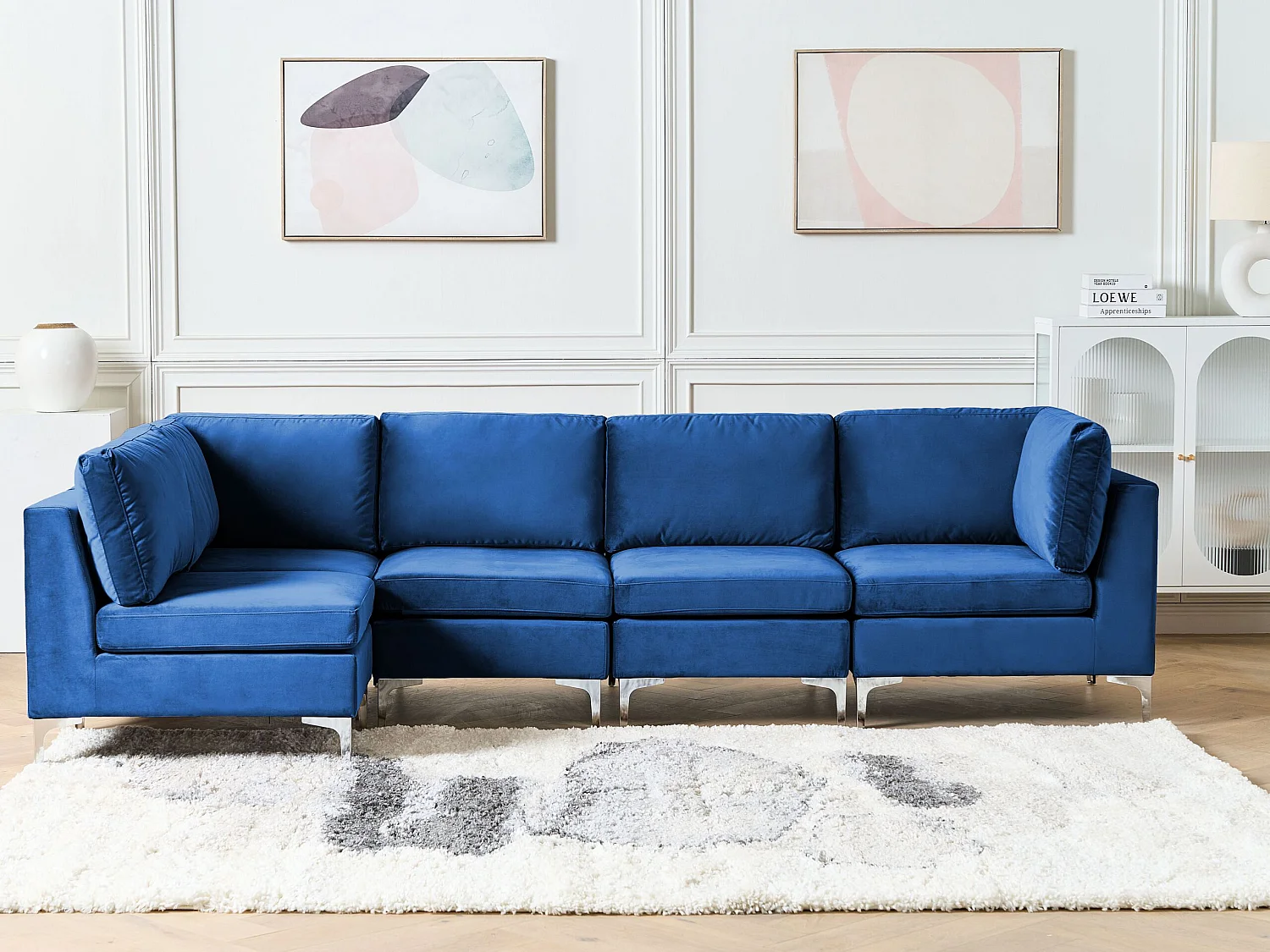 Canapé Modulable Droit Bleu Marine et Argenté en Velours 5 Places Glamour Evja