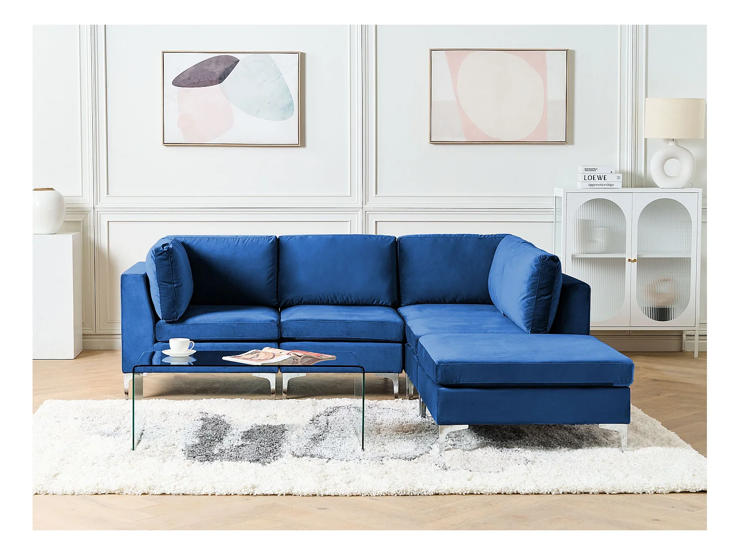 Canapé d'angle modulable 4 places EVJA Velours Bleu marine avec ottoman Côté droite