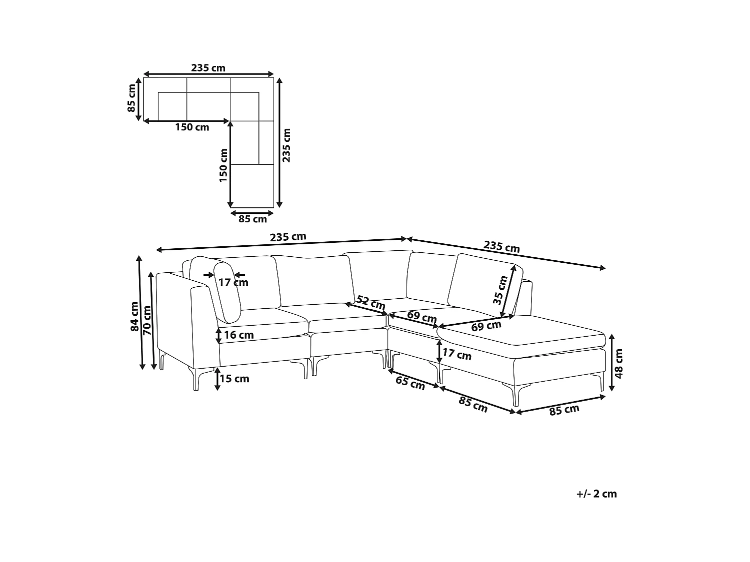 Canapé d'angle modulable 4 places EVJA Velours Bleu marine avec ottoman Côté droite