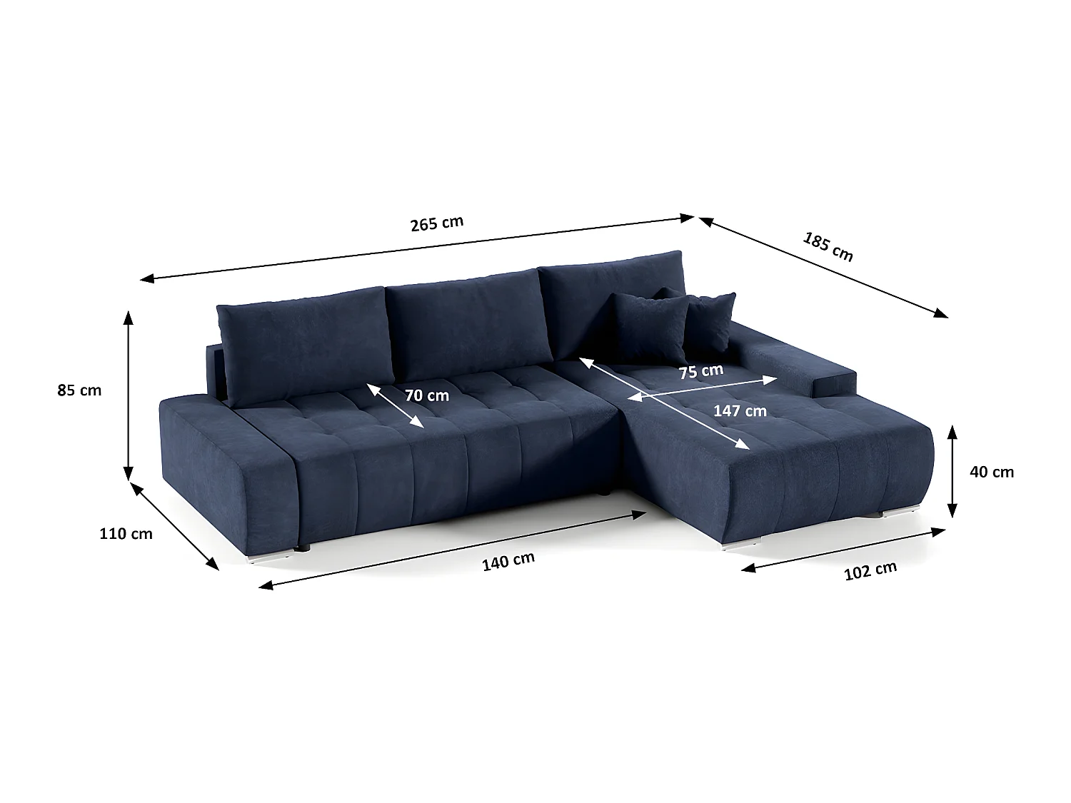 Canapé d'angle convertible droit 4 places avec coffre Jonas Bleu Marine