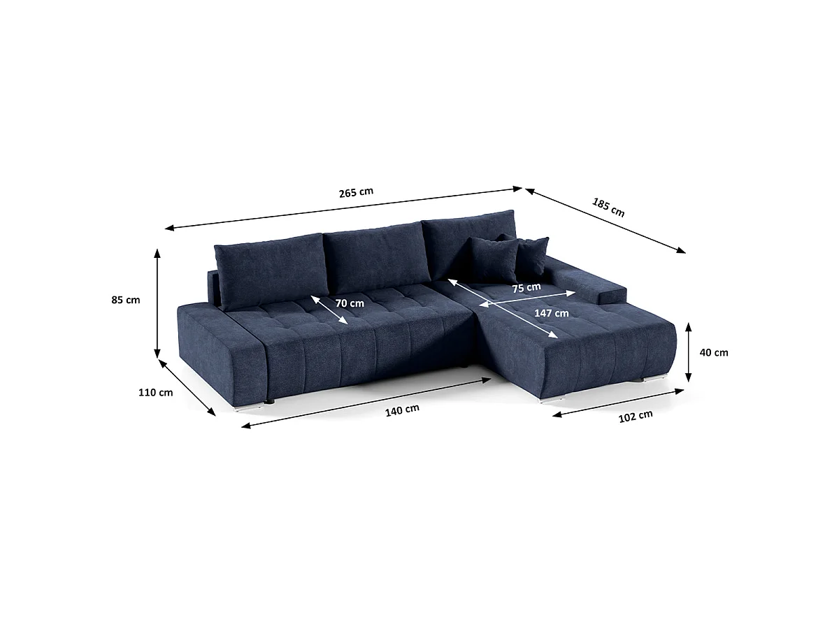 Canapé d'angle convertible 4 places en tissu bleu canard JONAS