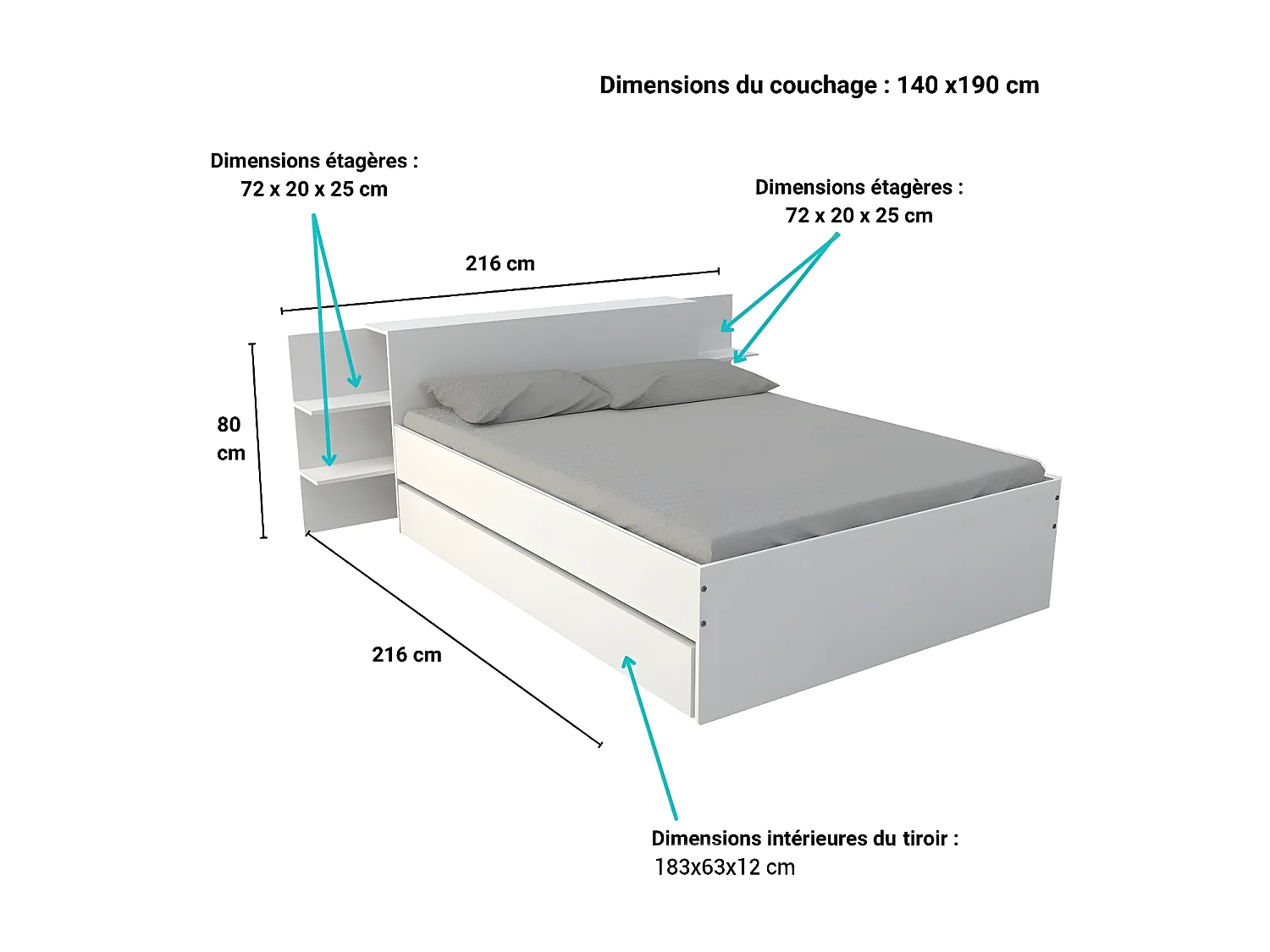 Lit CITY 140x190 + tête de lit chevet  + 1 tiroir / Blanc
