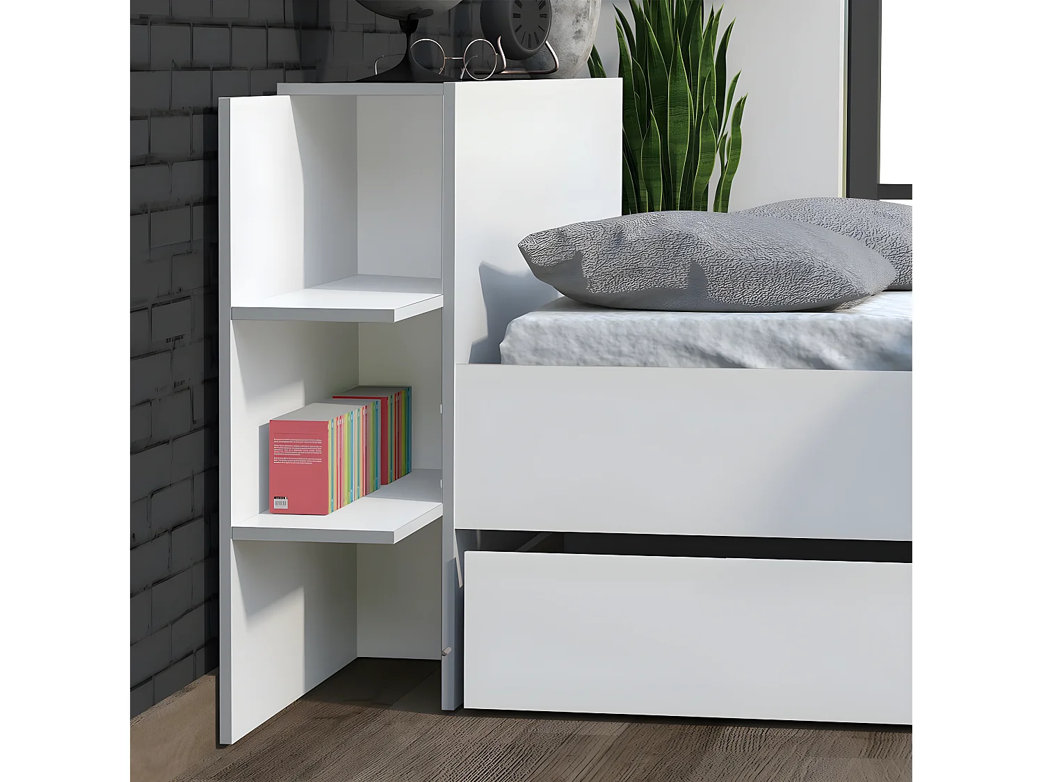 Lit CITY 140x190 + tête de lit chevet  + 1 tiroir / Blanc