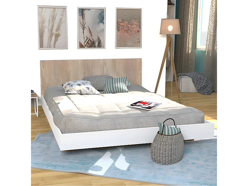 Lit LOFT 140x190 + 1 sommier + tête de lit / Décor Blanc & chêne blanchi