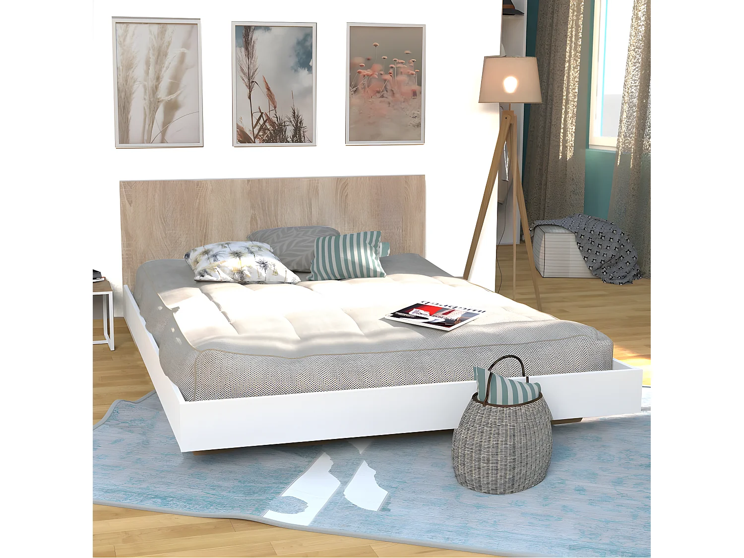 Lit LOFT 140x190 + 1 sommier + tête de lit / Décor Blanc & chêne blanchi