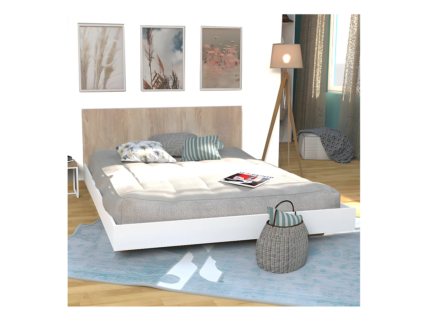 Lit LOFT 140x190 + 1 sommier + tête de lit / Décor Blanc & chêne blanchi