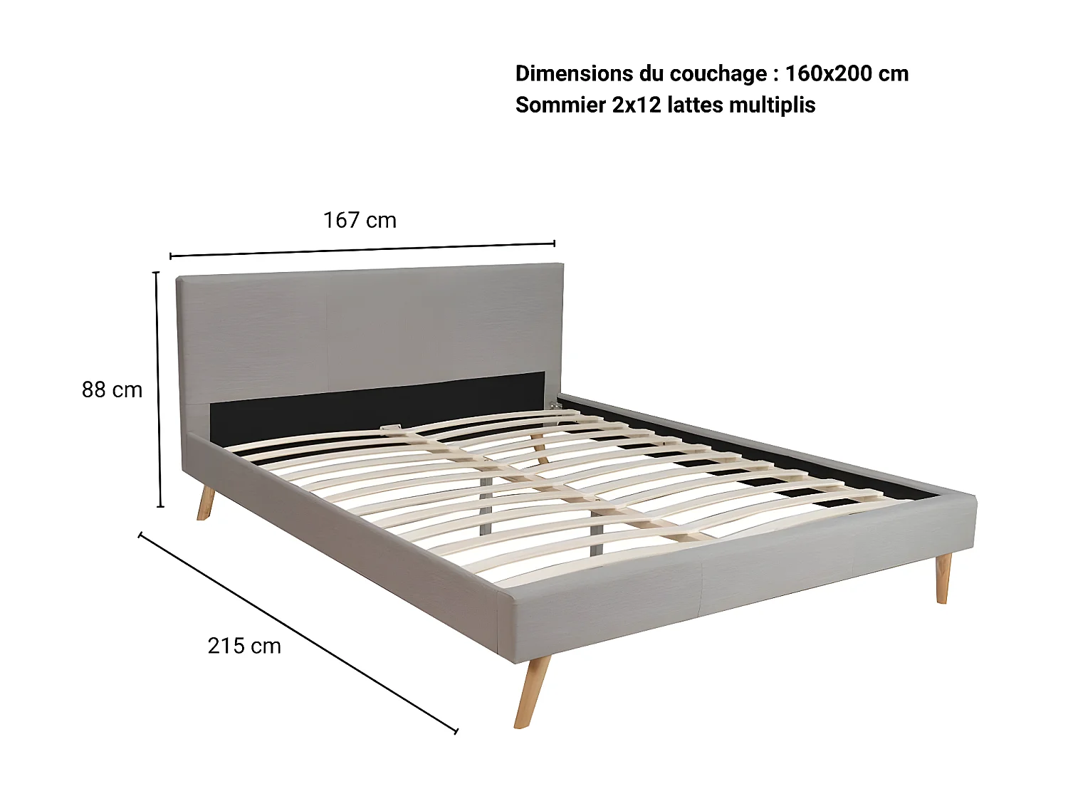 Lit FJORD 160x200 + 1 sommier / tissu Gris Clair