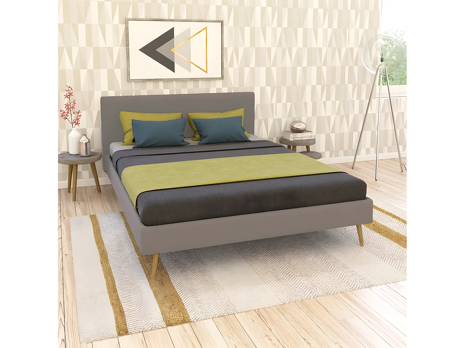 Lit FJORD 160x200 + 1 sommier / tissu Gris Clair