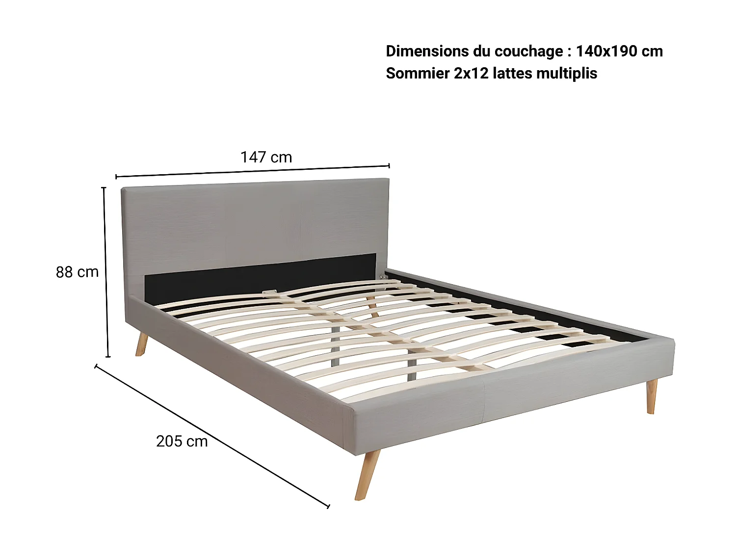 Lit FJORD 140x190 tissu + 1 sommier / Gris Clair