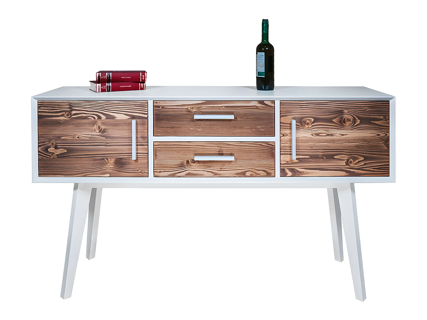 Console 2 portes 2 tiroirs Nostalgie - Blanc et bois