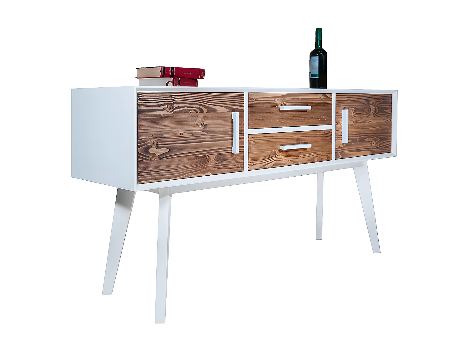 Console 2 portes 2 tiroirs Nostalgie - Blanc et bois