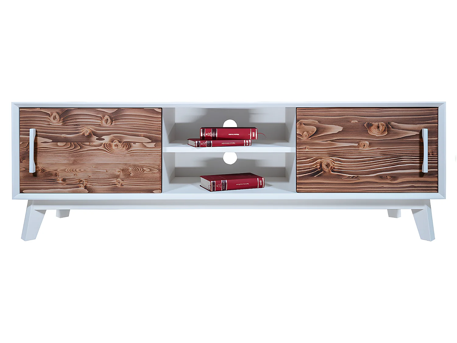 Meuble TV 2 portes coulissantes Nostalgie - Blanc et bois