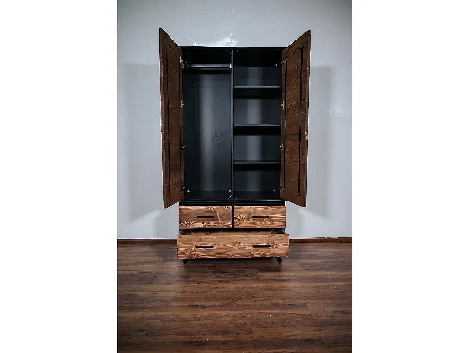 Armário 2 portas 3 gavetas Nostalgie preto e madeira 200cm