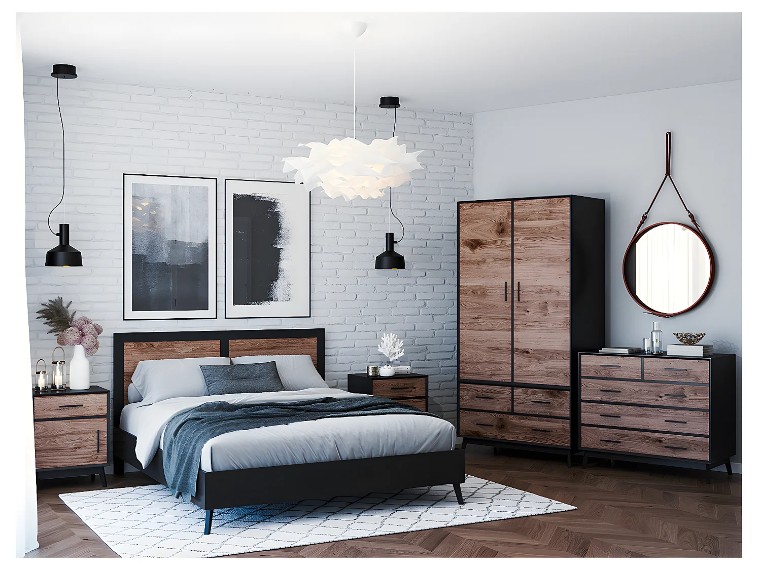 Armário 2 portas 3 gavetas Nostalgie preto e madeira 200cm