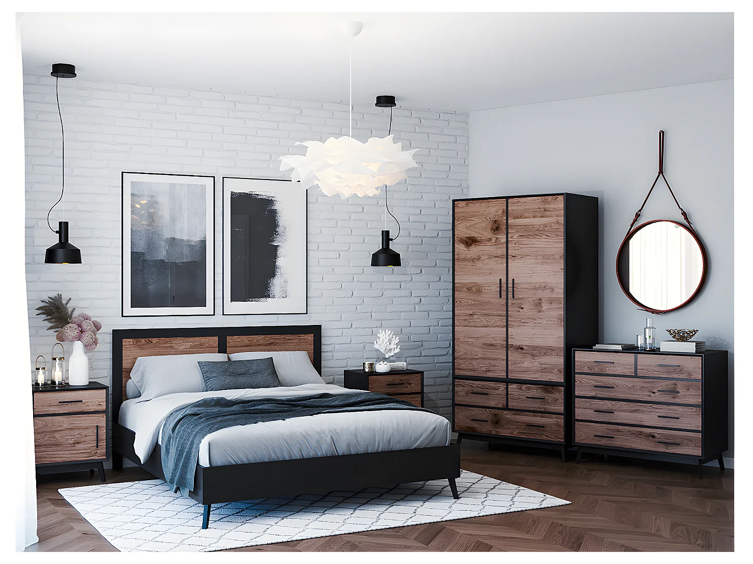 Armário 2 portas 3 gavetas Nostalgie preto e madeira 200cm