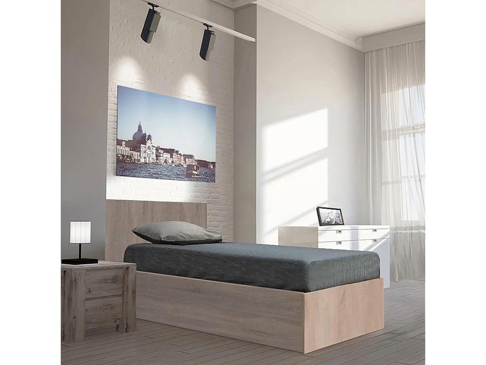 Lit coffre MADRID 90x190 + 1 sommier / Décor Chêne Blanchi