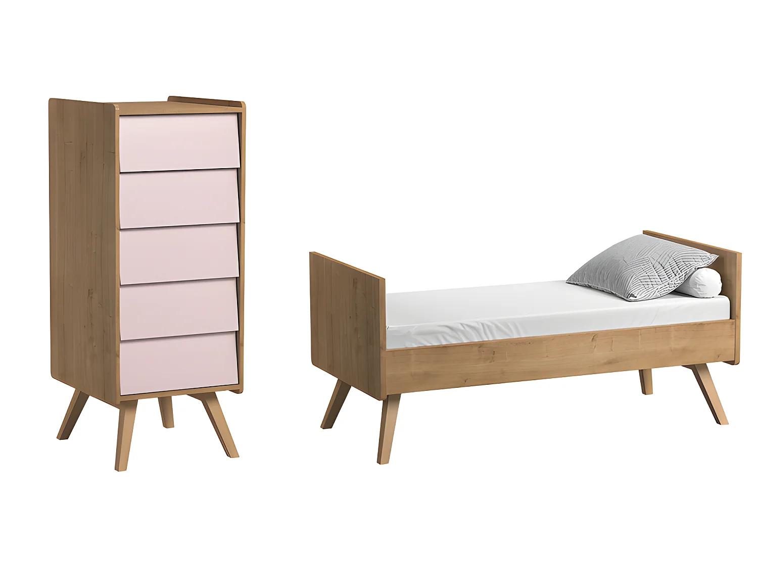 Lit bébé évolutif et Chiffonnier Vintage Bois Rose