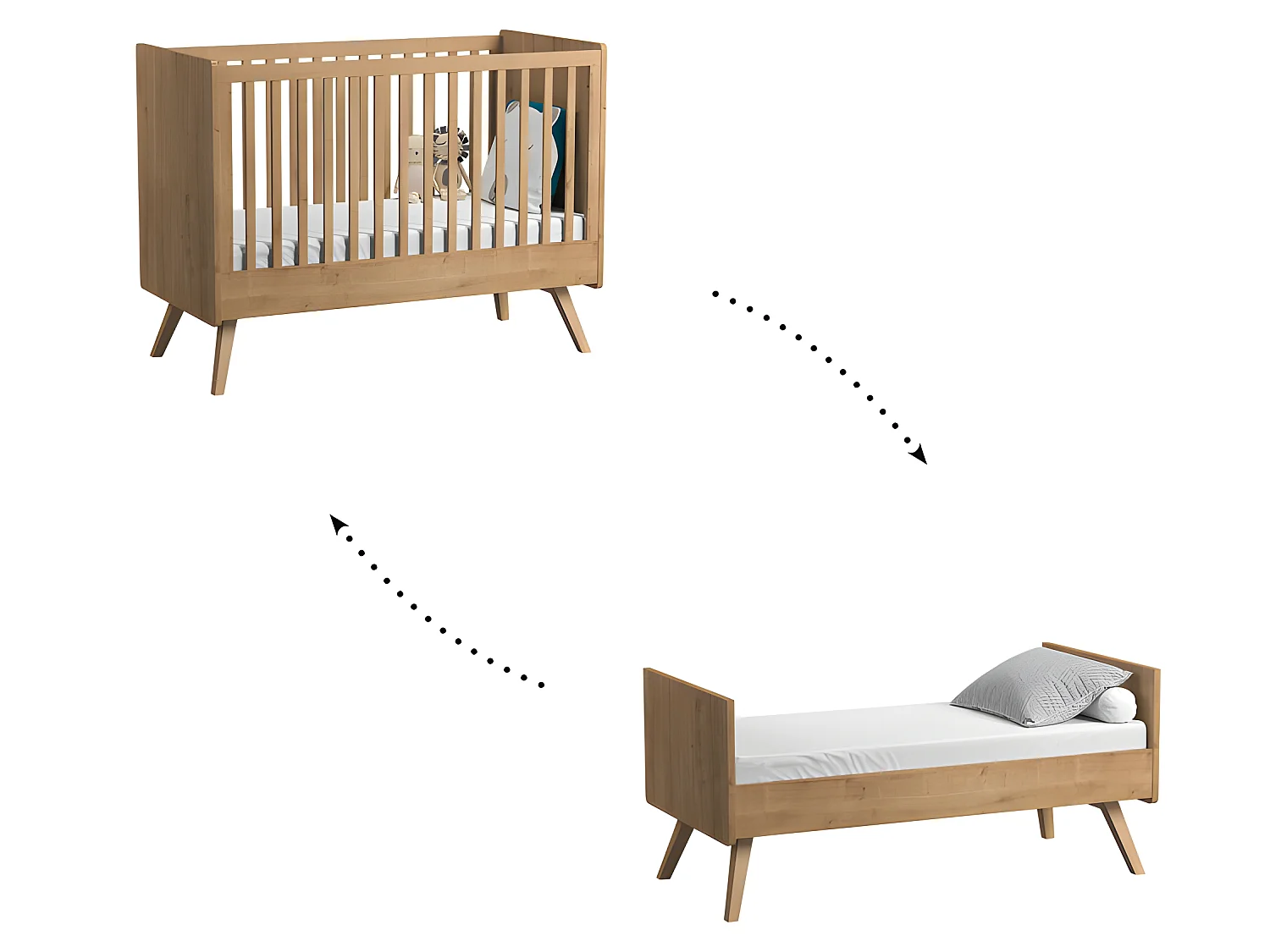 Lit bébé évolutif et Chiffonnier Vintage Bois Rose