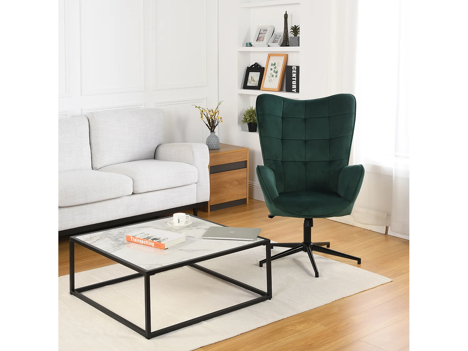 URBAN MEUBLE Fauteuil Scandinave Chaise Pivotant pour Bureau Salon Chambre avec Un revêtement en Velours des Accoudoirs Rembourés, Métal, vert, 70*80*100CM