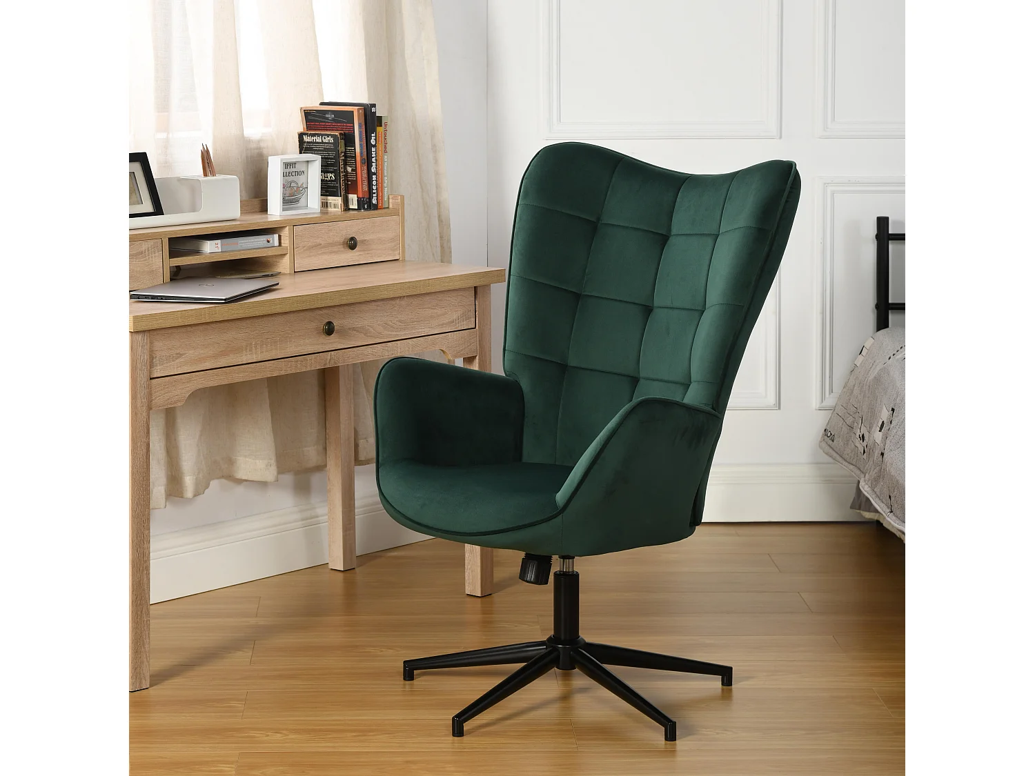 URBAN MEUBLE Fauteuil Scandinave Chaise Pivotant pour Bureau Salon Chambre avec Un revêtement en Velours des Accoudoirs Rembourés, Métal, vert, 70*80*100CM