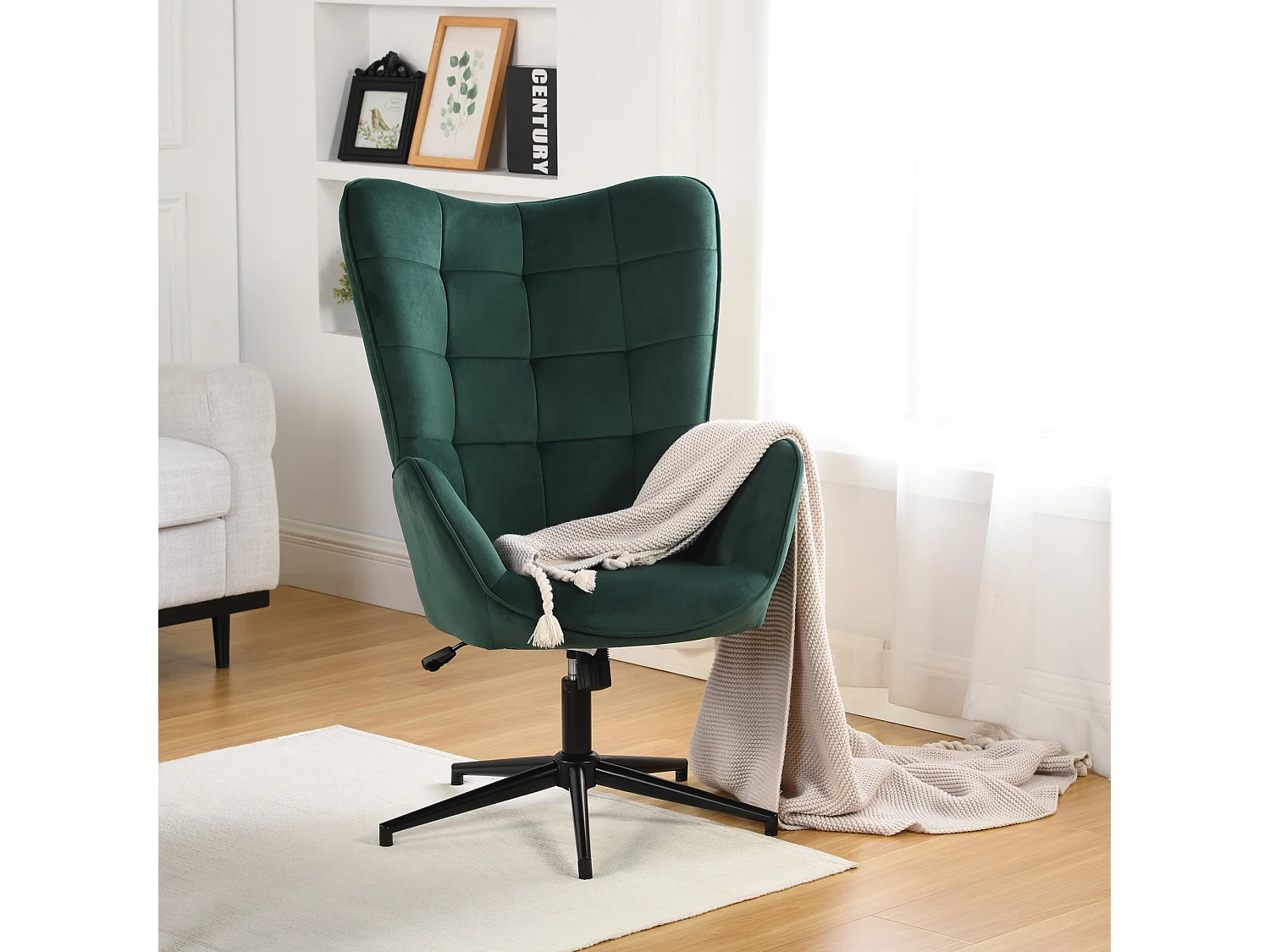 URBAN MEUBLE Fauteuil Scandinave Chaise Pivotant pour Bureau Salon Chambre avec Un revêtement en Velours des Accoudoirs Rembourés, Métal, vert, 70*80*100CM