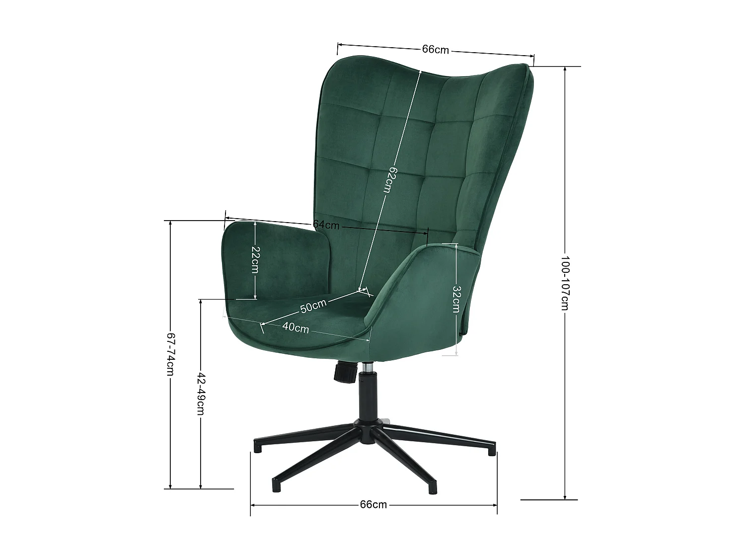 URBAN MEUBLE Fauteuil Scandinave Chaise Pivotant pour Bureau Salon Chambre avec Un revêtement en Velours des Accoudoirs Rembourés, Métal, vert, 70*80*100CM