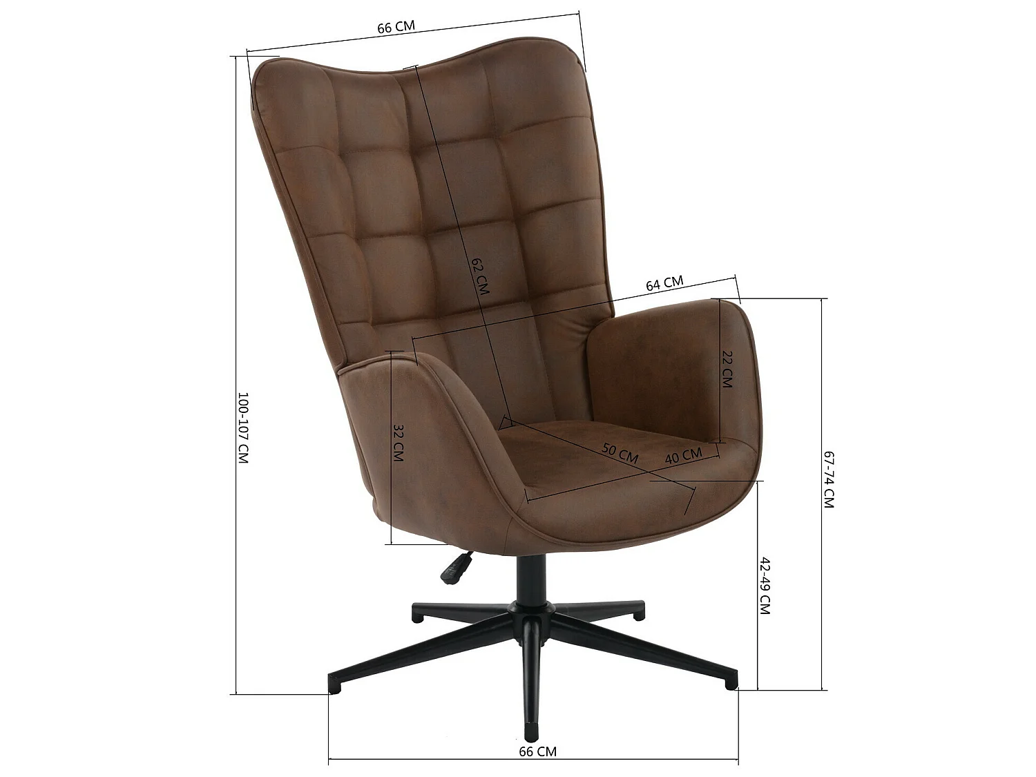 URBAN MEUBLE Fauteuil Vintage Chaise Pivotant pour Bureau Salon Chambre avec Un revêtement en Tissu des Accoudoirs Rembourés, Métal, marron, 70*80*100CM