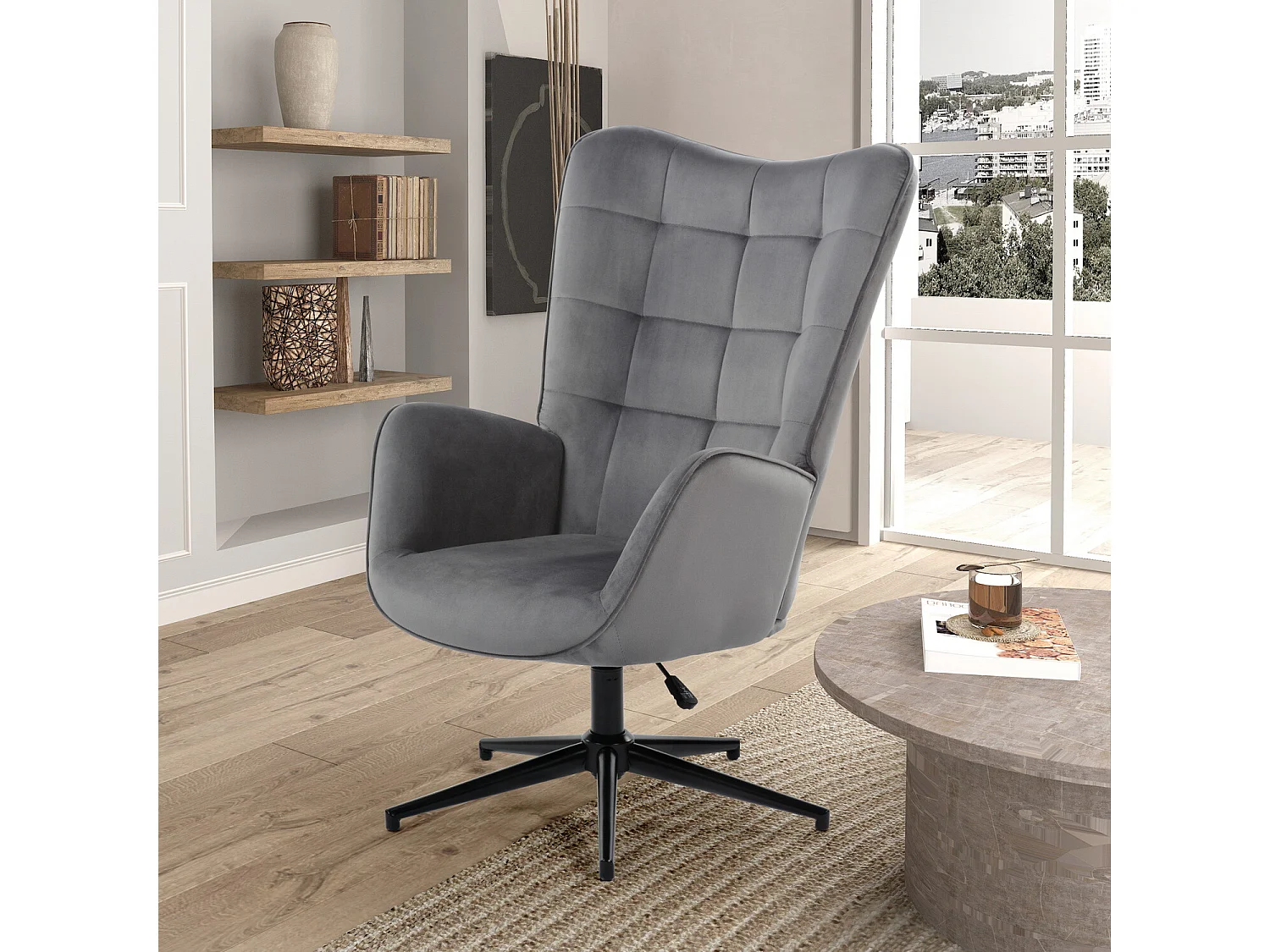 URBAN MEUBLE Fauteuil Scandinave Chaise Pivotant pour Bureau Salon Chambre avec Un revêtement en Tissu des Accoudoirs Rembourés, Métal, gris, 70*80*100CM