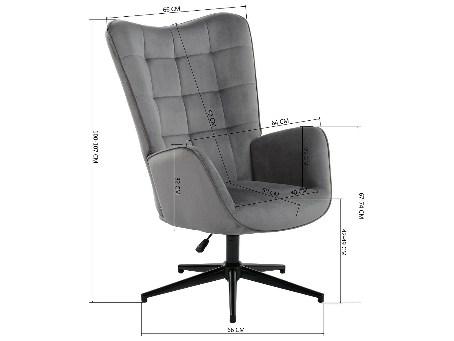 URBAN MEUBLE Fauteuil Scandinave Chaise Pivotant pour Bureau Salon Chambre avec Un revêtement en Tissu des Accoudoirs Rembourés, Métal, gris, 70*80*100CM