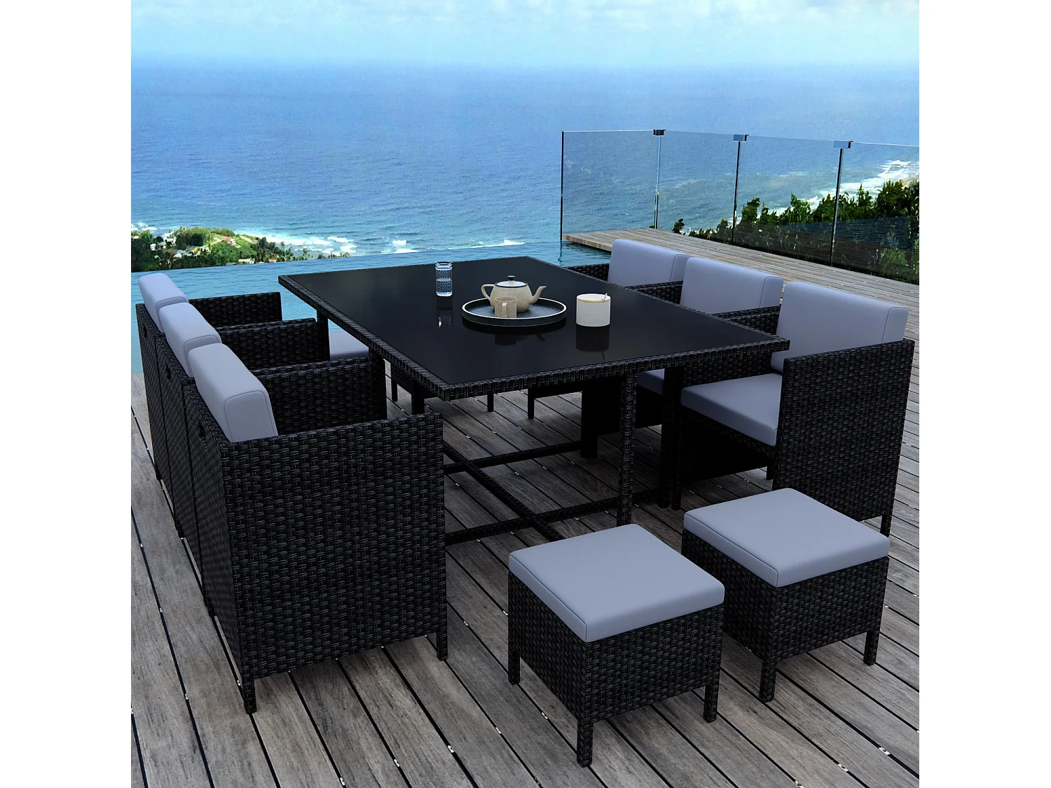 Ensemble encastrable salon / table de jardin résine tressée - Noir/Gris - MUNGA 10