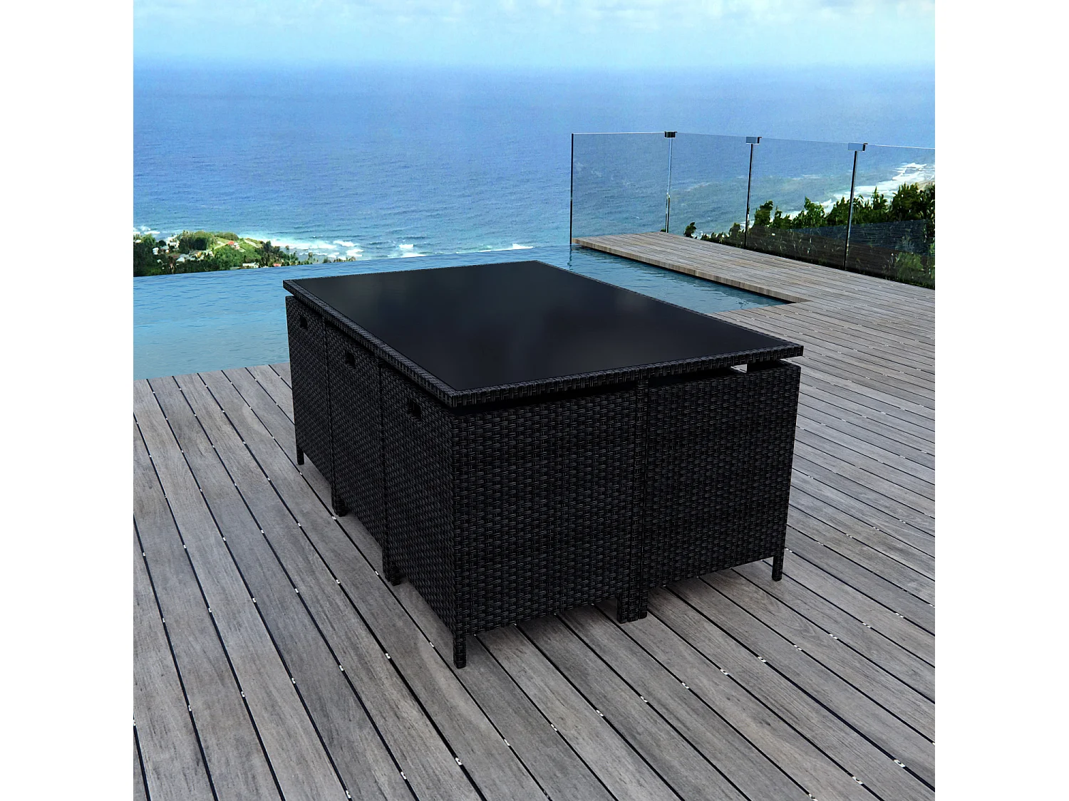 Ensemble encastrable salon / table de jardin résine tressée - Noir/Gris - MUNGA 10