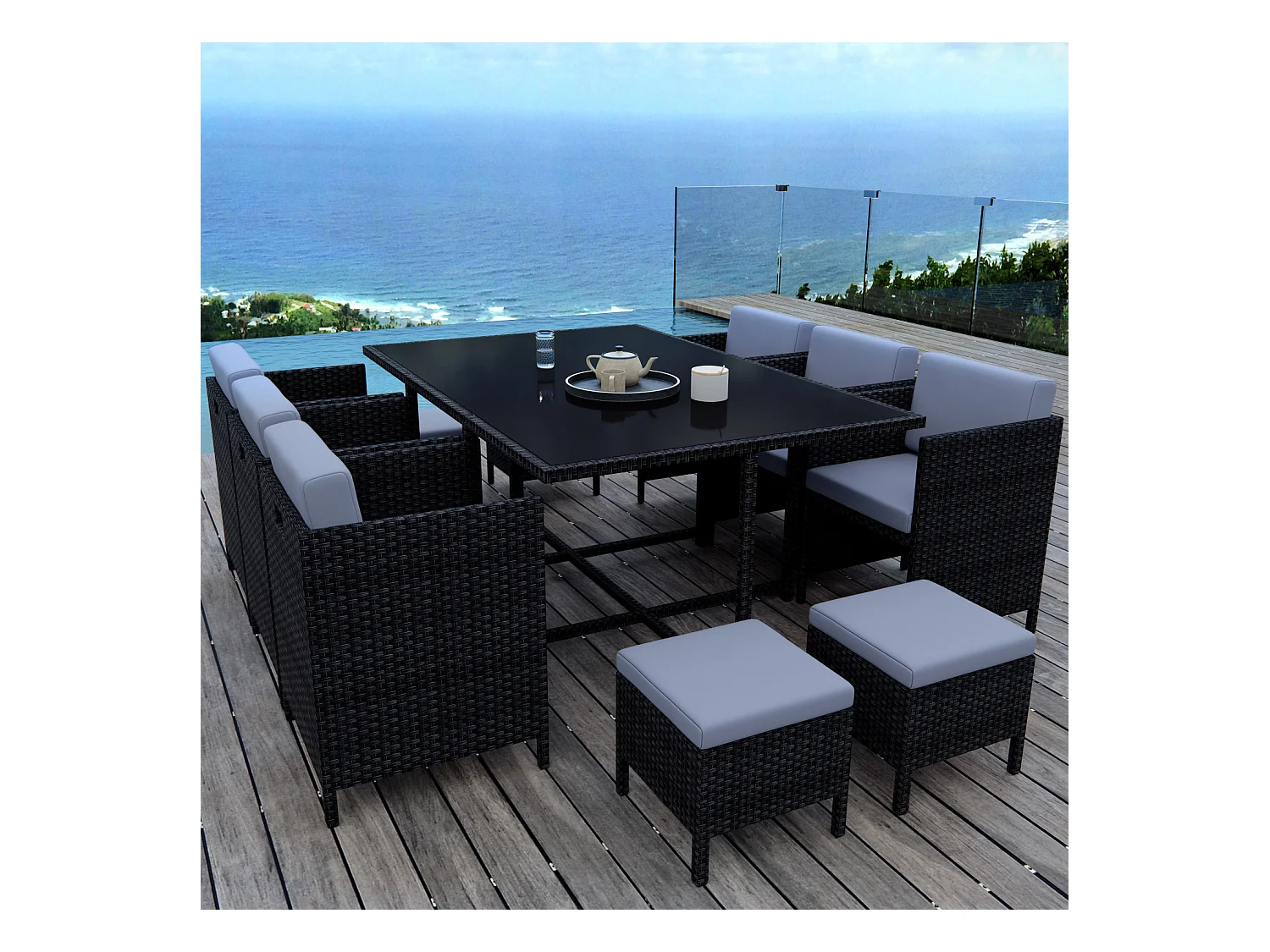 Ensemble encastrable salon / table de jardin résine tressée - Noir/Gris - MUNGA 10