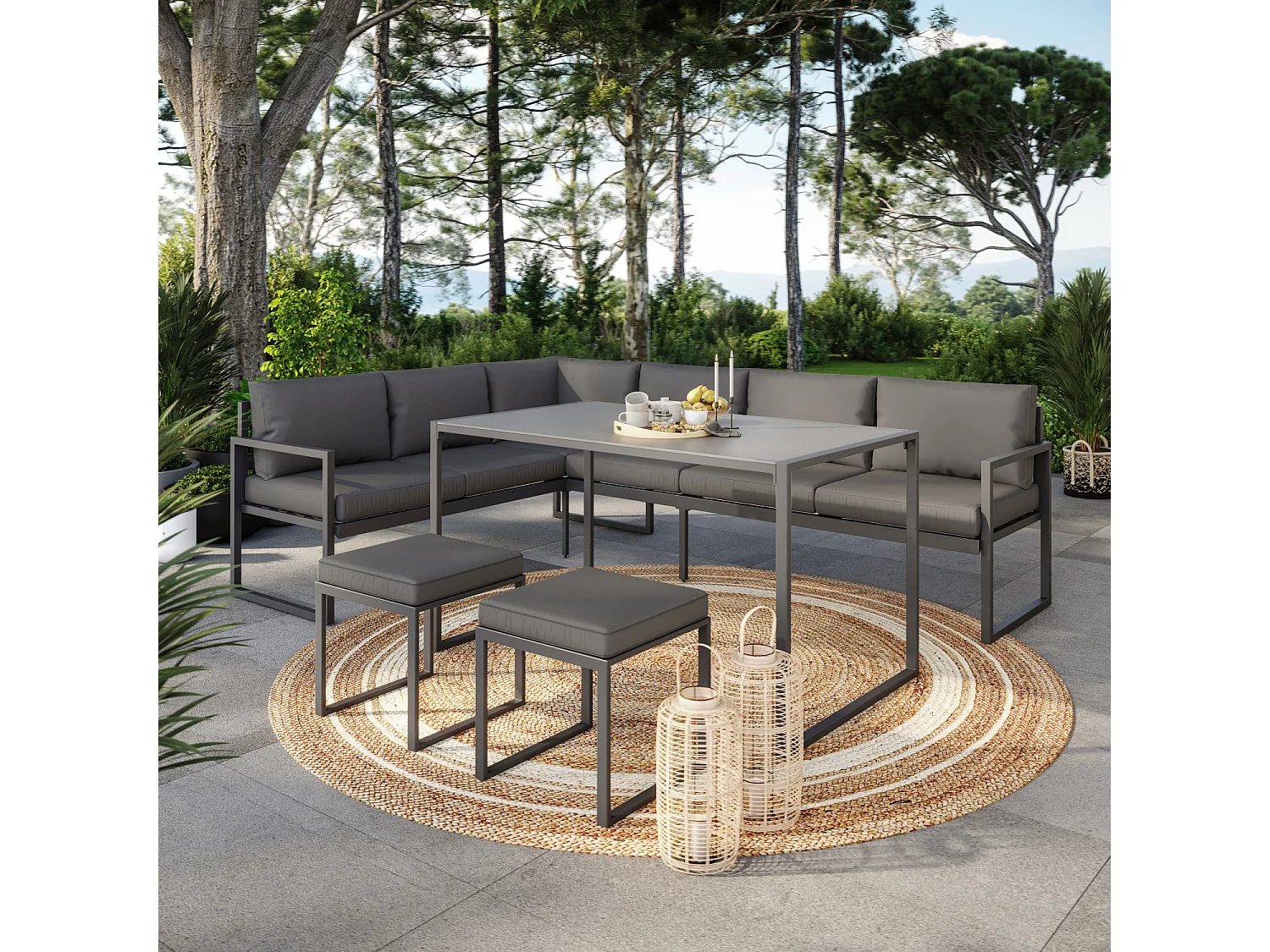 Salon de jardin en acier 8 personnes d'angle design - Gris Anthracite - ROMY