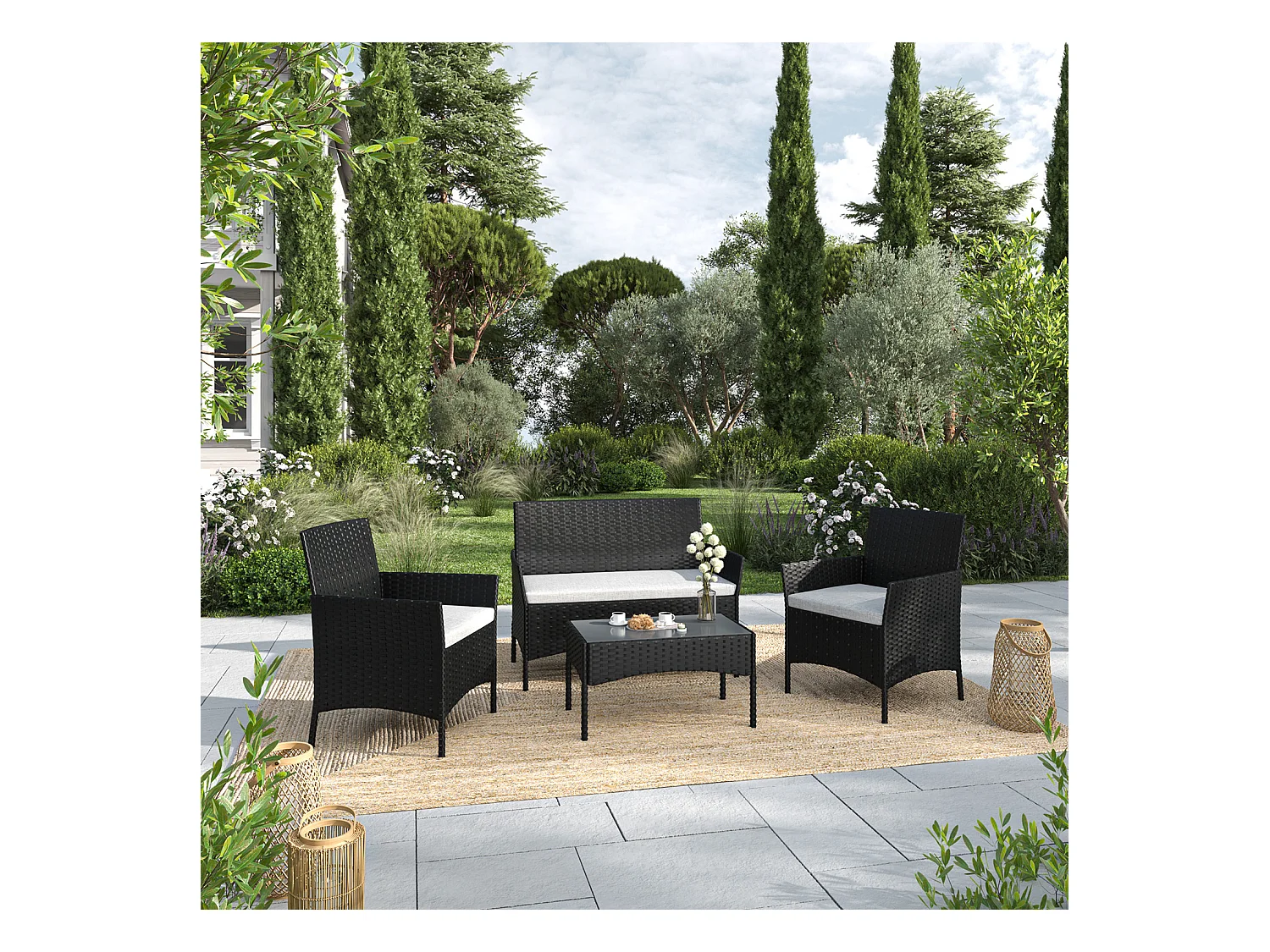 Salon de jardin résine tressée Noir/Ecru - ensemble 4 places - Canapé + Fauteuil + Table - IMORA