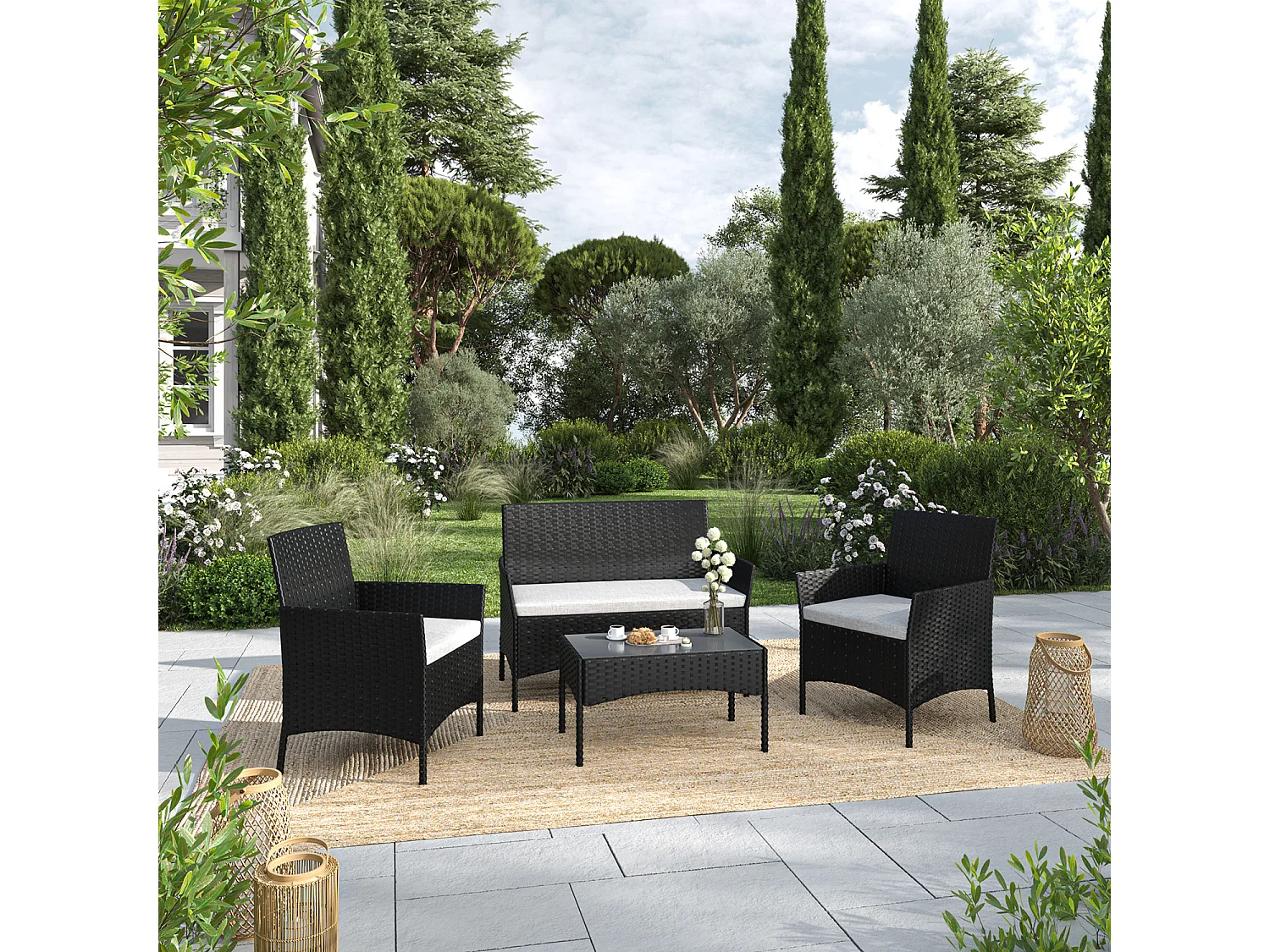 Salon de jardin résine tressée Noir/Ecru - ensemble 4 places - Canapé + Fauteuil + Table - IMORA