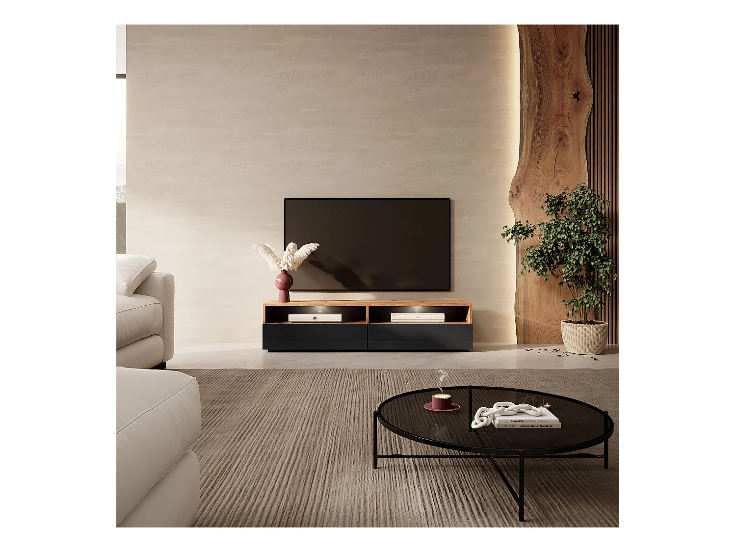 Meuble TV - 140 cm - chêne wotan / noir brillant - avec LED - REDNAW