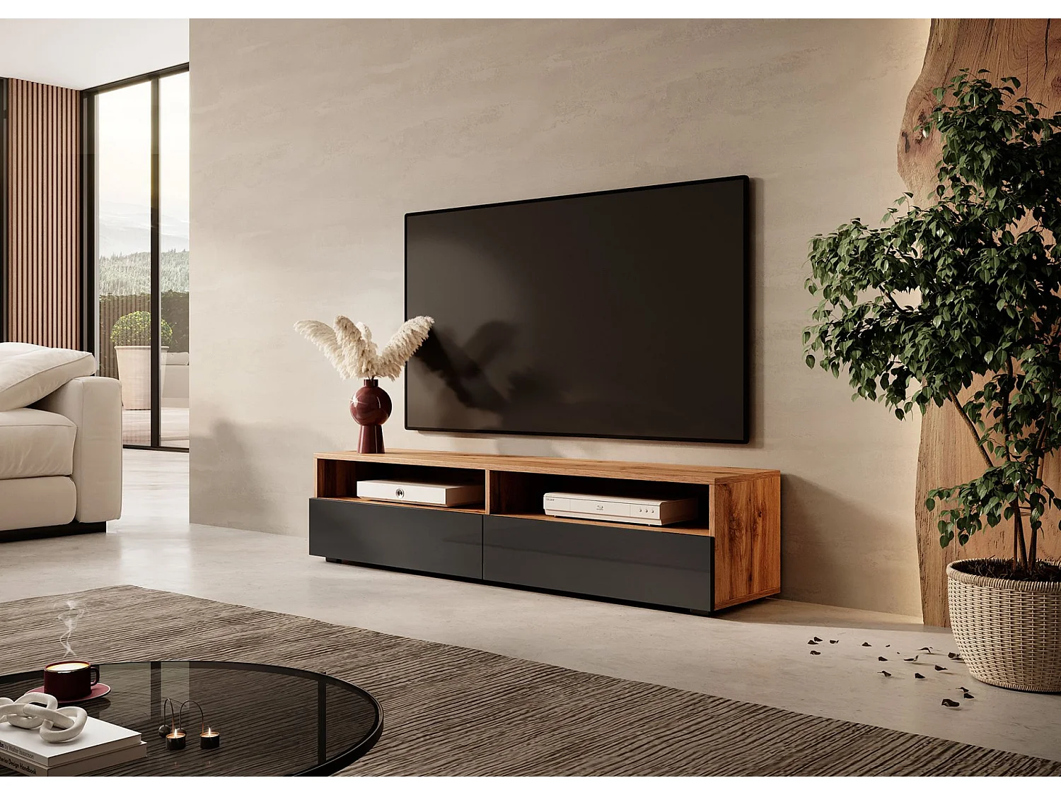 TV-meubel - 140 cm - wotan eiken / glanzend zwart - met LED - REDNAW