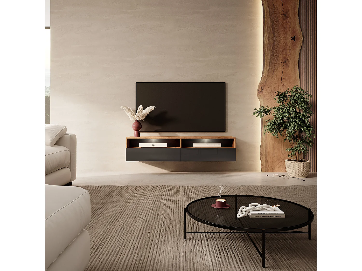 TV-meubel - 140 cm - wotan eiken / glanzend zwart - met LED - REDNAW