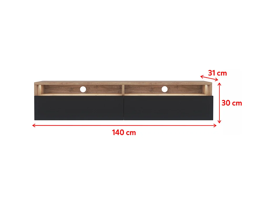 TV-meubel - 140 cm - wotan eiken / glanzend zwart - met LED - REDNAW