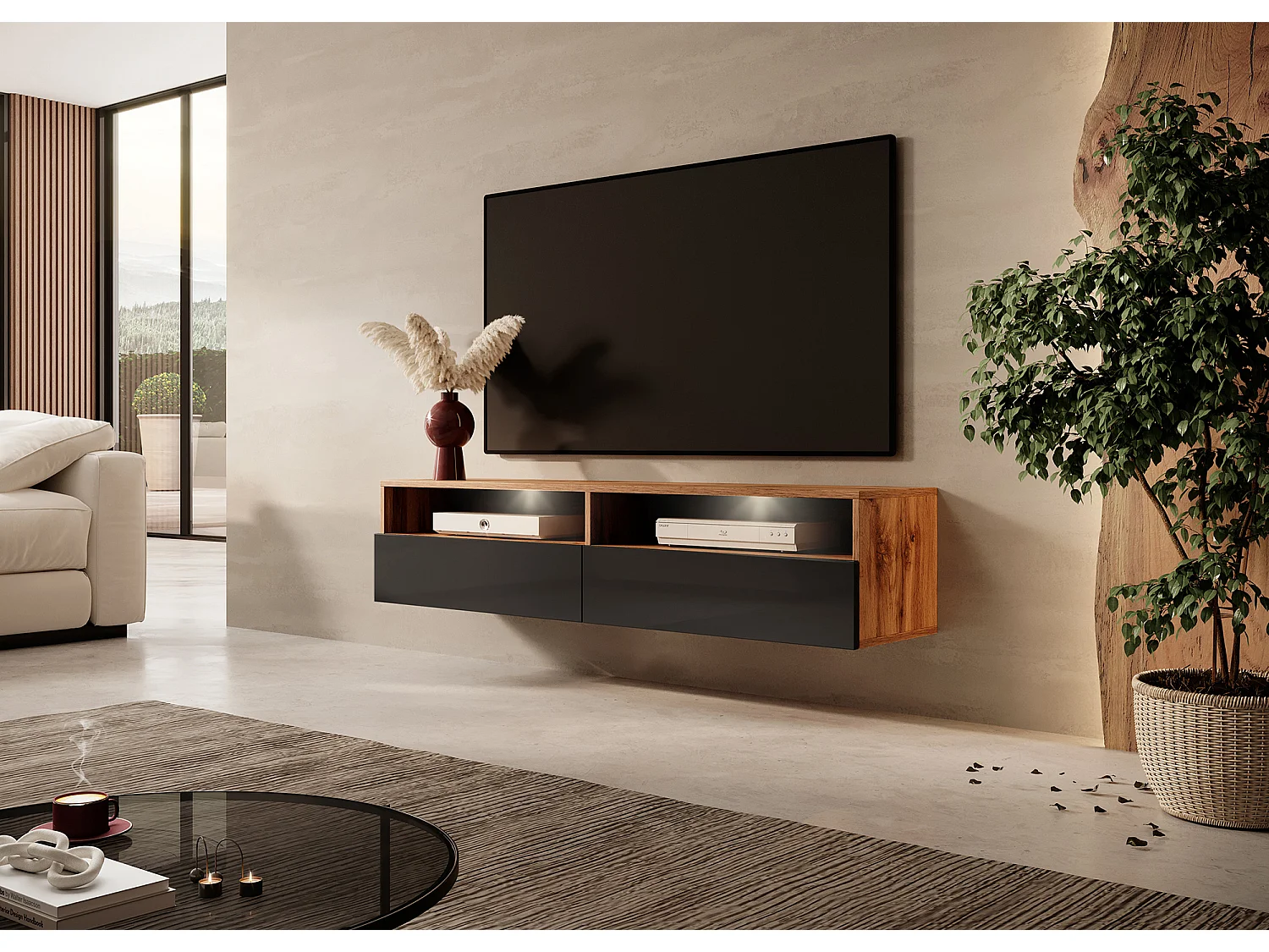 Meuble TV - 140 cm - chêne wotan / noir brillant - avec LED - REDNAW