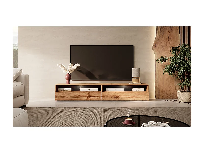 TV-Schrank / modernes TV-Board für Wohnzimmer, stehend / hängend, 180 cm breit (Wotan Eiche Matt mit LED) - Rednaw