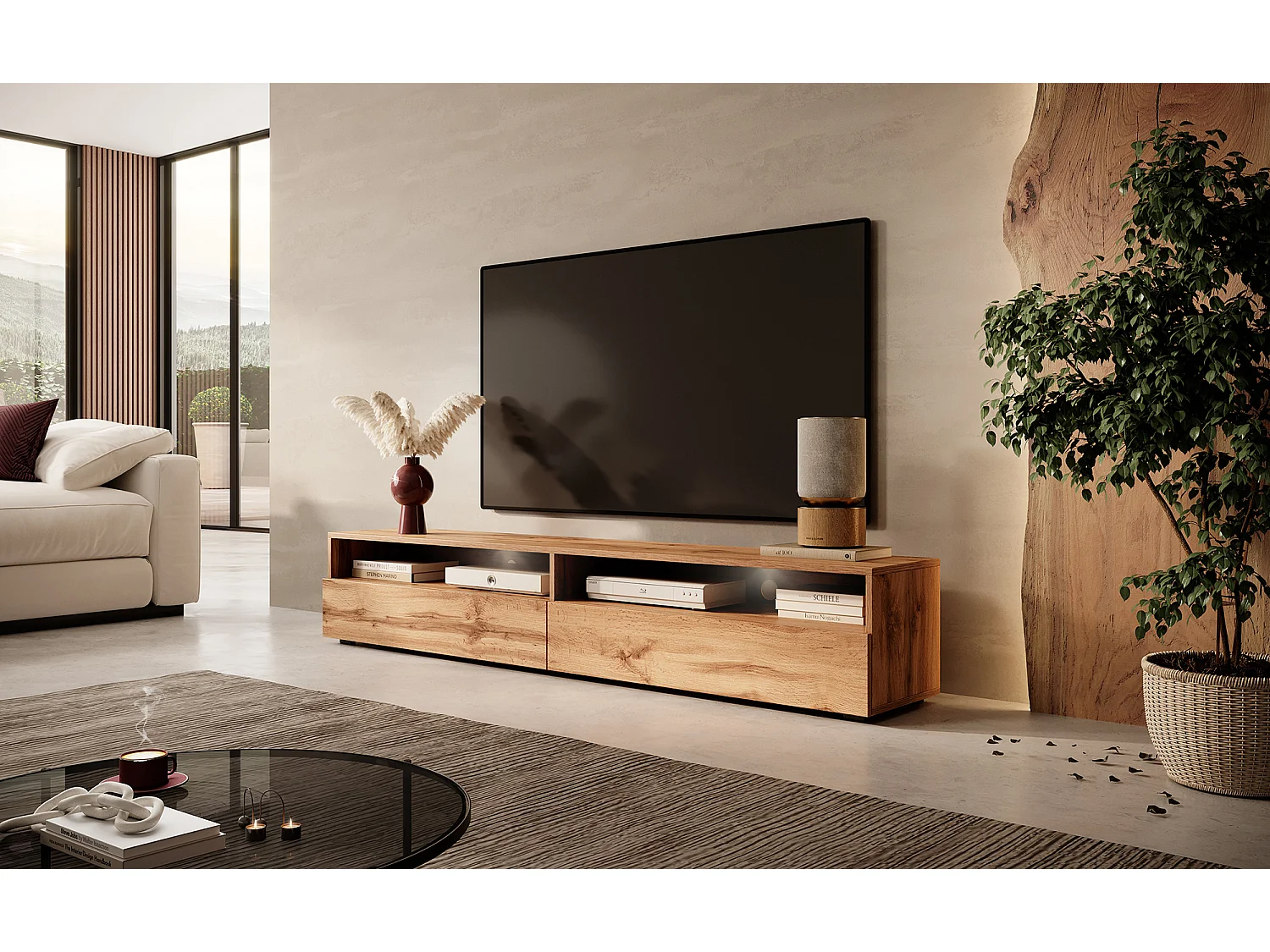 Meuble TV - 180 cm - chêne wotan - avec LED - REDNAW