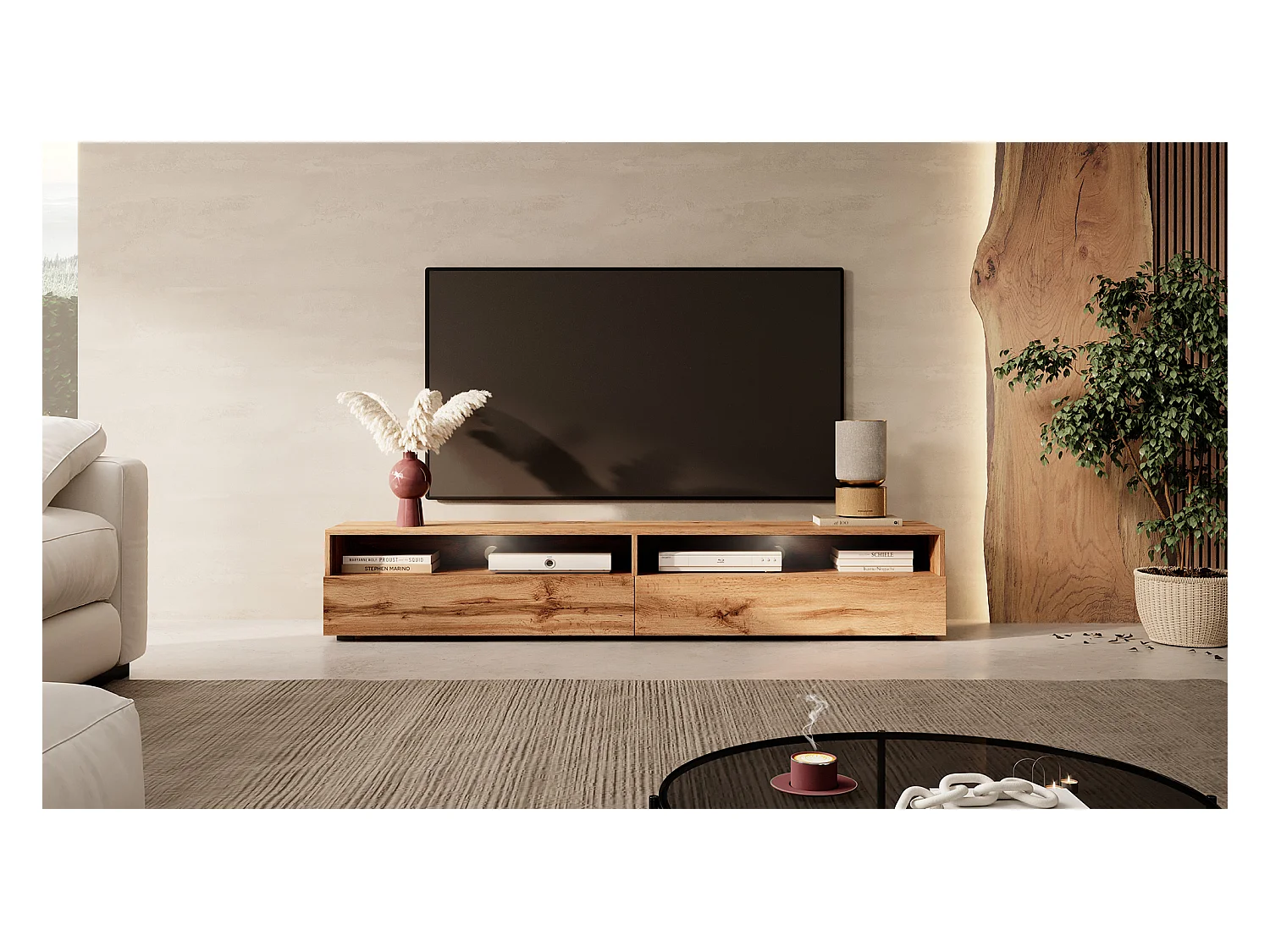 TV-Schrank / modernes TV-Board für Wohnzimmer, stehend / hängend, 180 cm breit (Wotan Eiche Matt mit LED) - Rednaw