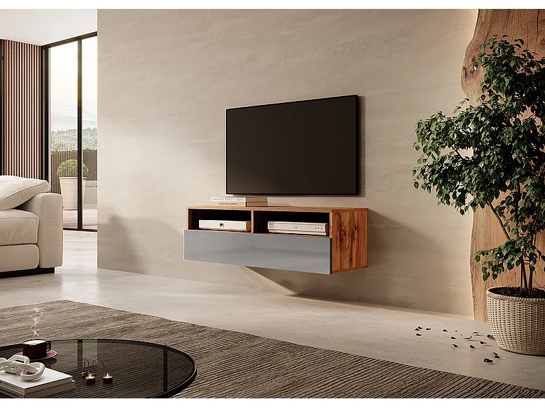 Meuble TV - 100 cm - chêne wotan / gris brillant - REDNAW