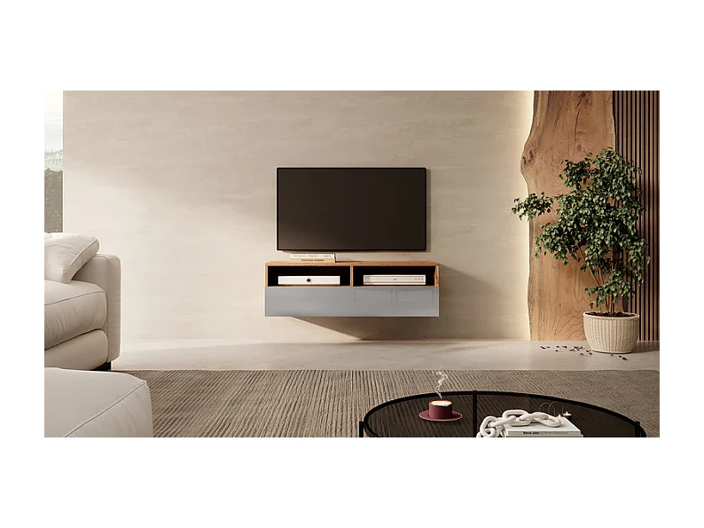 Meuble TV - 100 cm - chêne wotan / gris brillant - REDNAW